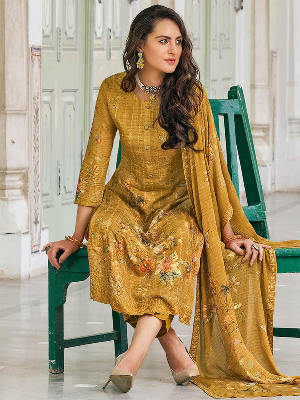 Women's Mustard Muslin Blend Dress Material  - Odette