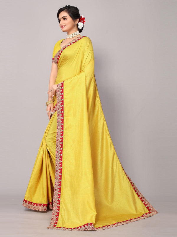 Women's Mustard Poly Silk Embroidery Border Work Saree With Blouse - Odette