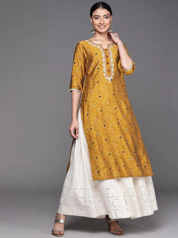 Mustard Printed Chanderi Silk Kurta - Jashvi