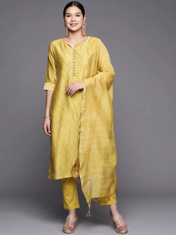 Mustard Printed Chanderi Silk Straight Suit Set With Trousers - Jashvi