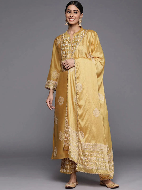 Mustard Printed Chanderi Silk Straight Suit Set - Jashvi