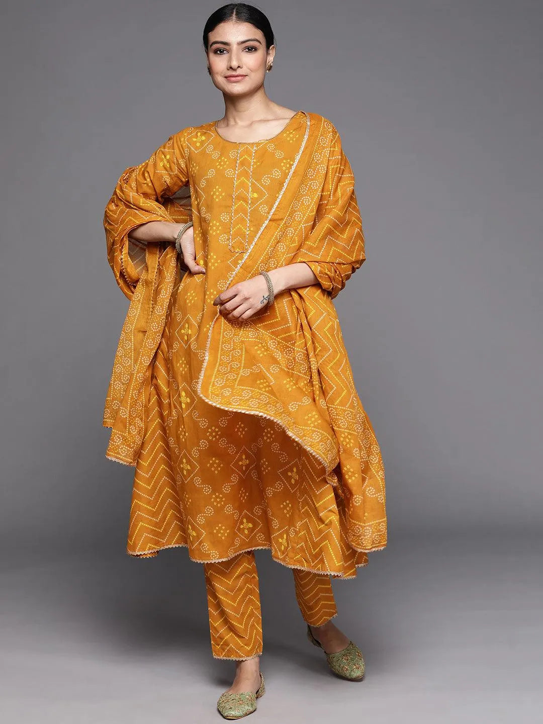 Mustard Printed Cotton Suit Set - Jashvi