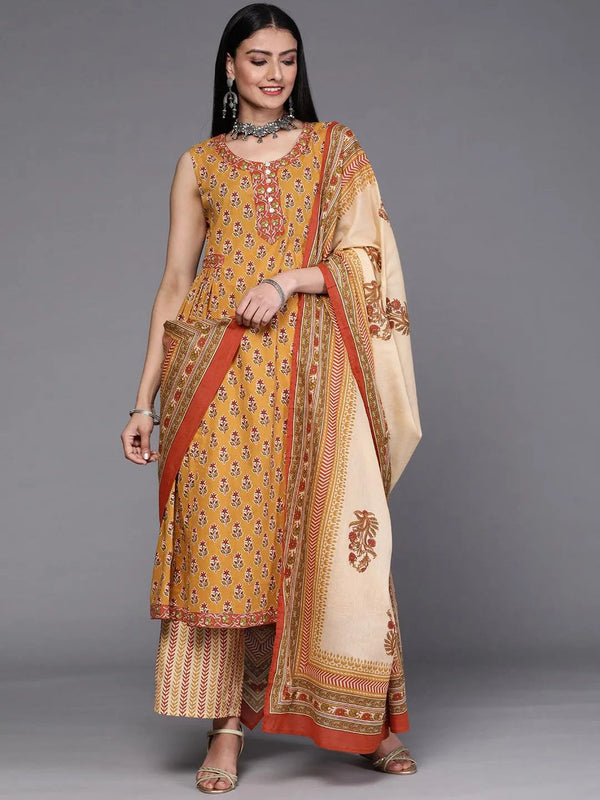 Mustard Printed Cotton Suit Set - Jashvi