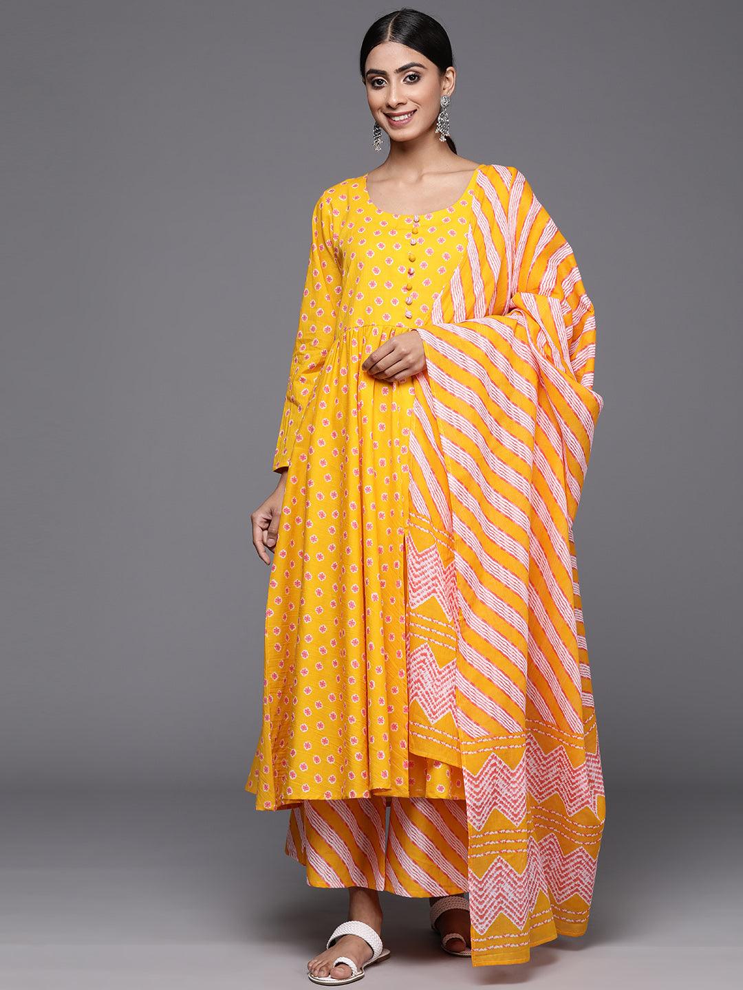 Mustard Printed Cotton A-Line Kurta With Palazzos & Dupatta - Jashvi