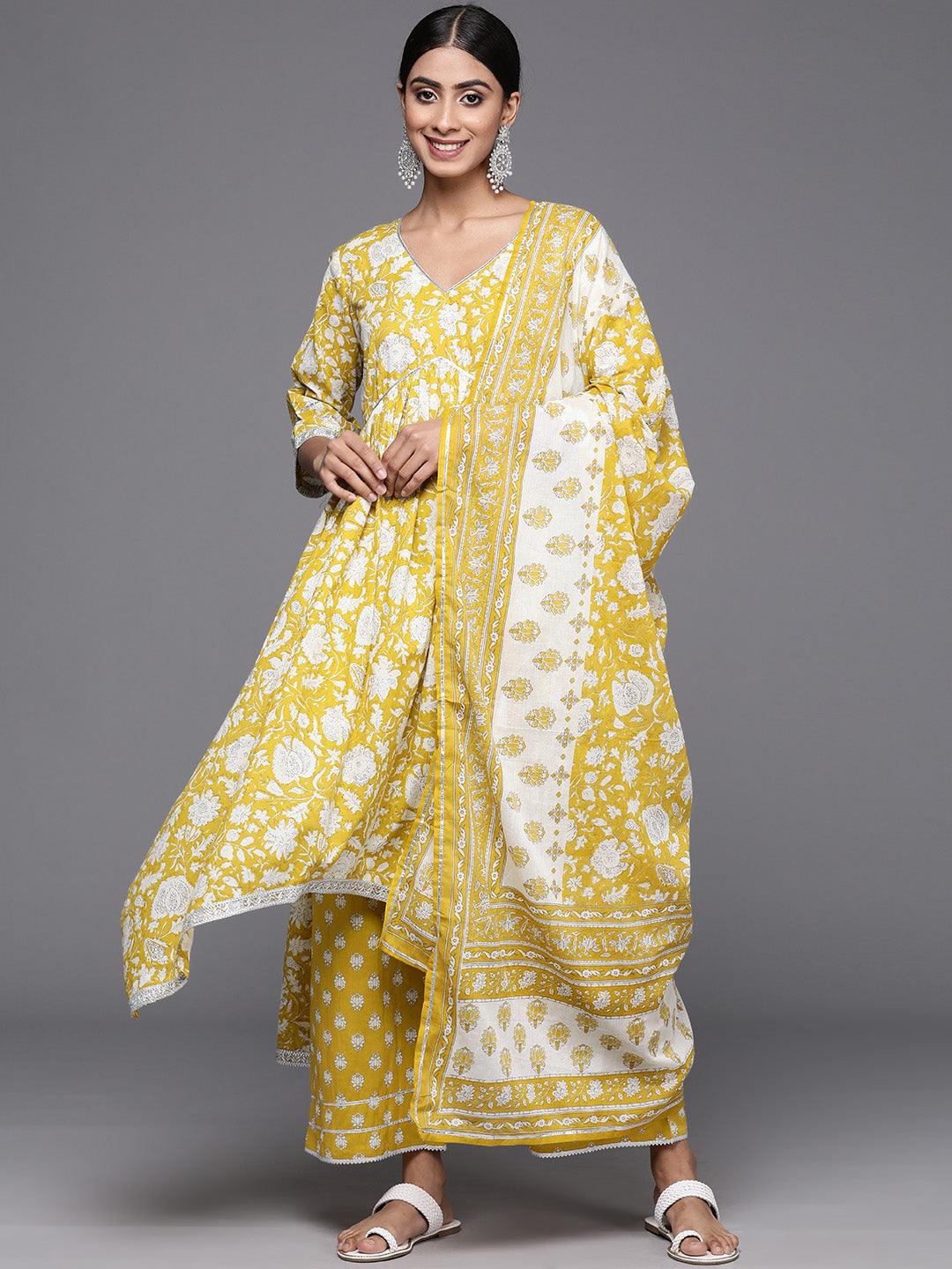 Mustard Printed Cotton A-Line Kurta With Palazzos & Dupatta - Jashvi