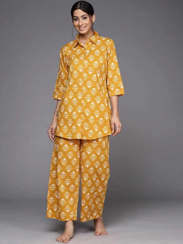 Mustard Printed Cotton Night Suit - Jashvi