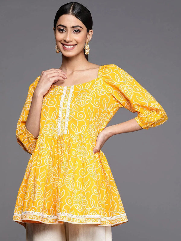 Mustard Printed Cotton A-Line Kurti - Jashvi