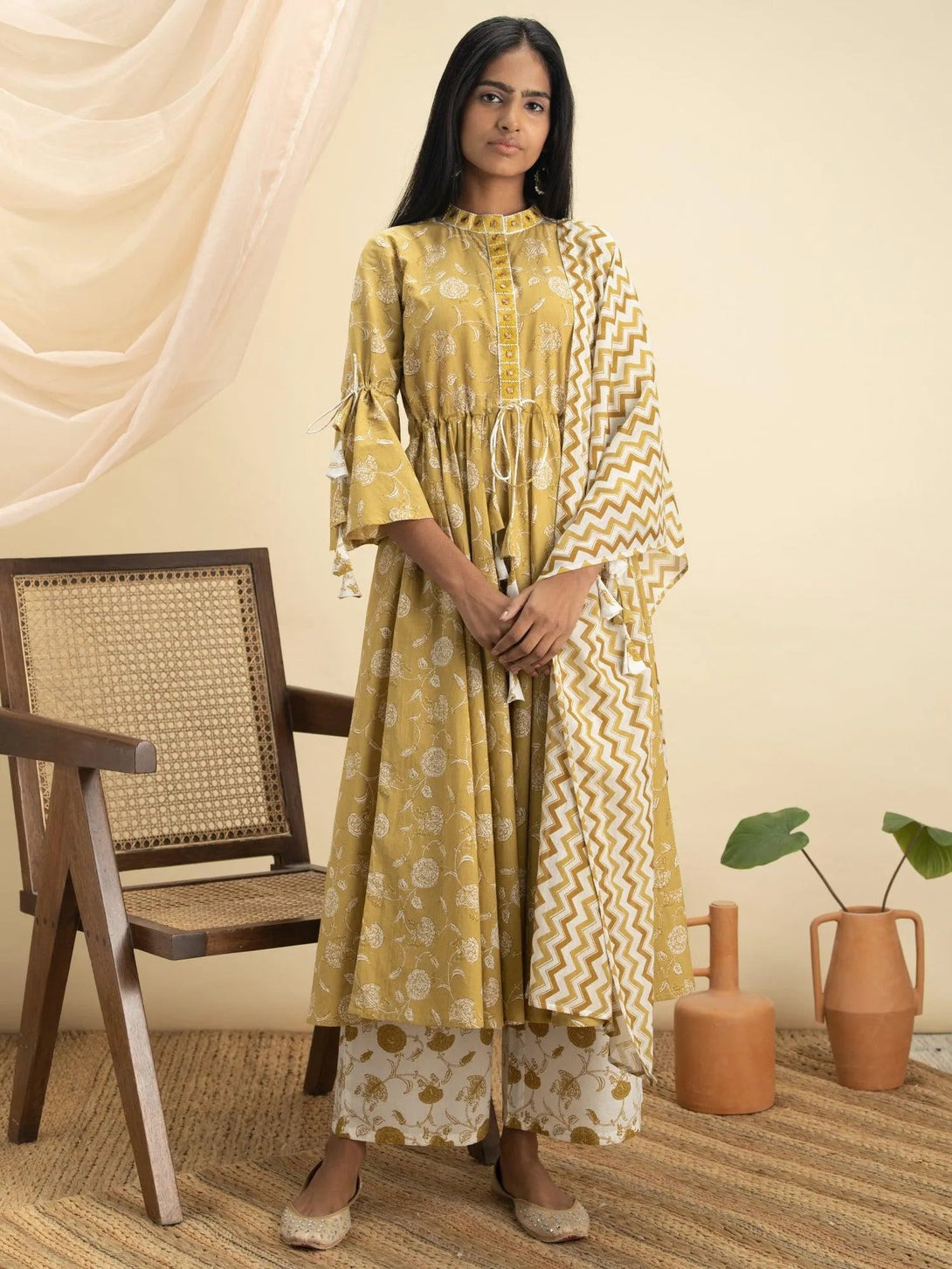 Mustard Printed Cotton Suit Set - Jashvi