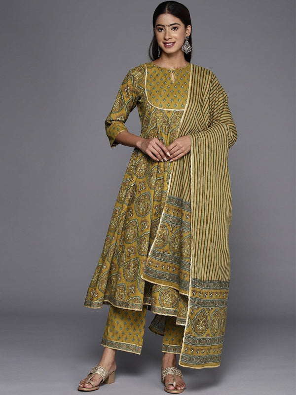 Mustard Printed Cotton Anarkali Kurta With Trousers & Dupatta - Jashvi