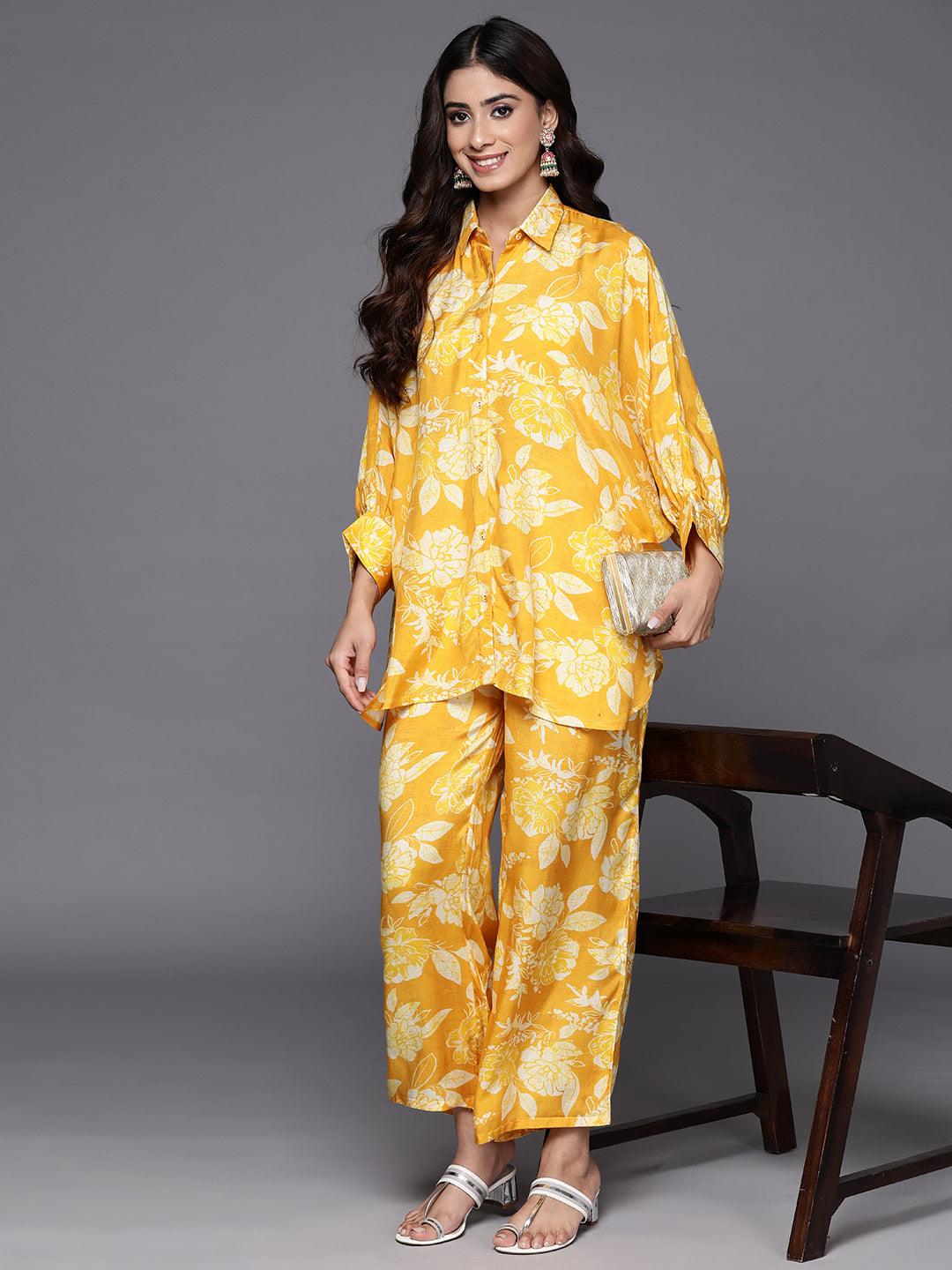 Mustard Printed Cotton Blend Shirt With Palazzos - Jashvi