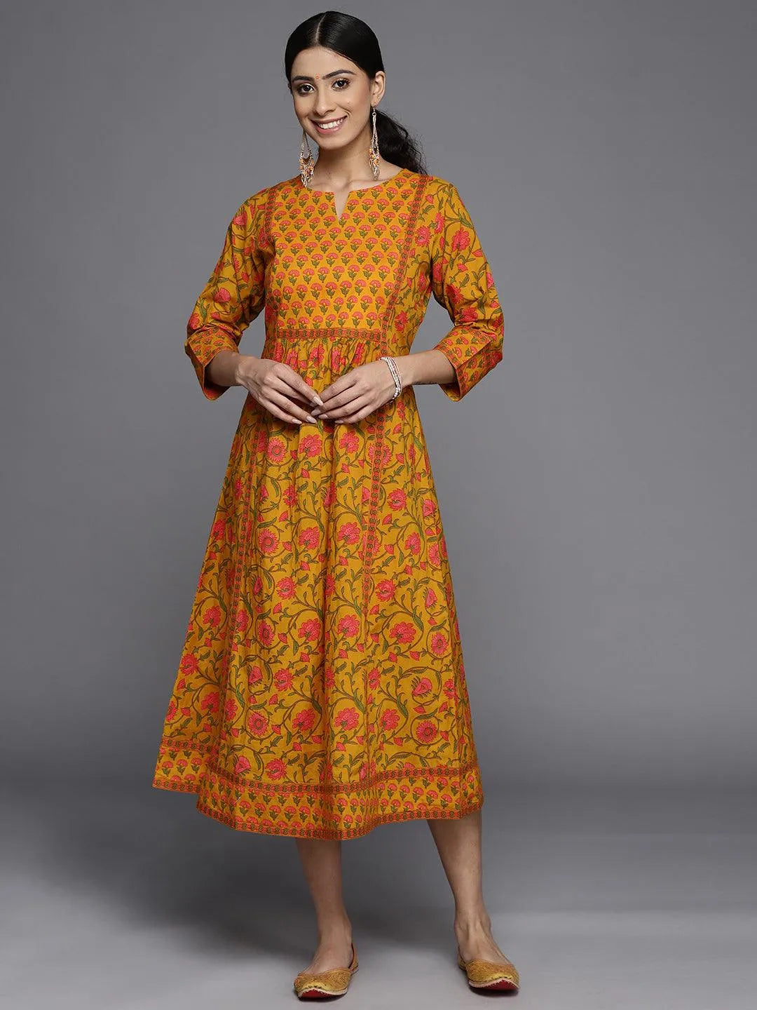 Mustard Printed Cotton Dress - Jashvi