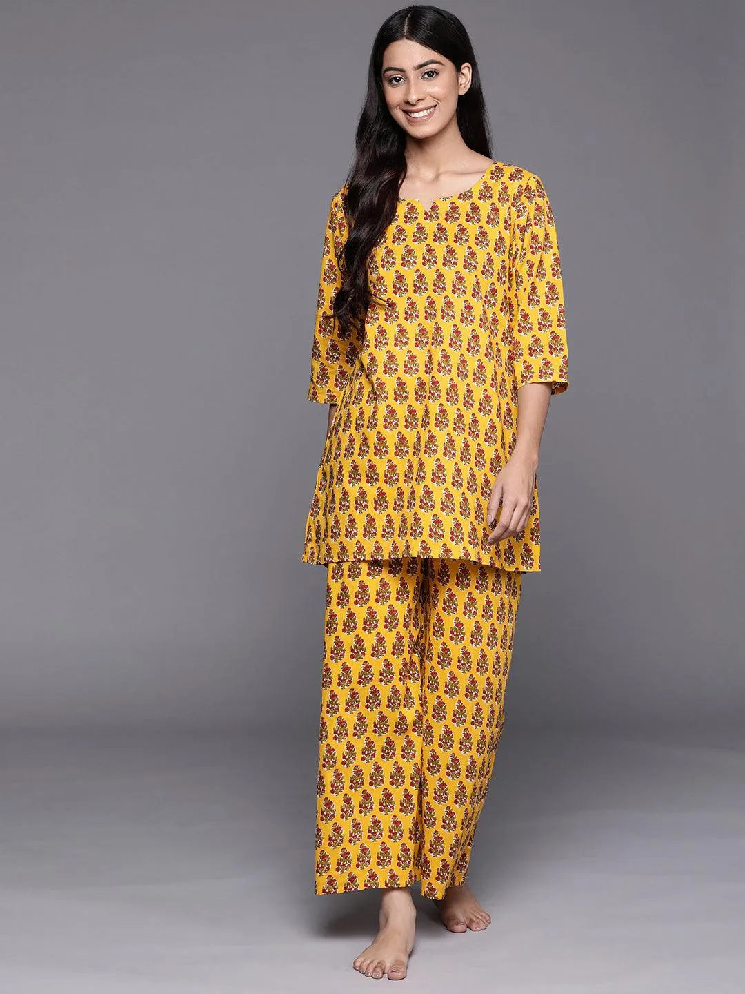 Mustard Printed Cotton Night Suit - Jashvi