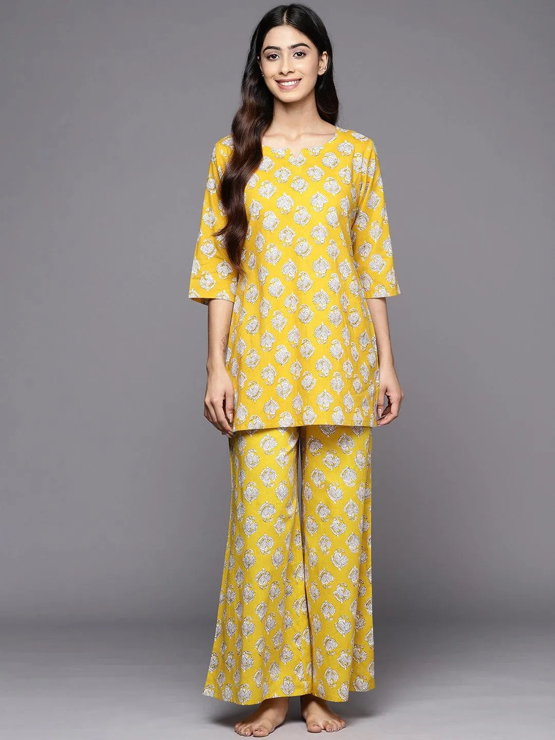 Mustard Printed Cotton Night Suit - Jashvi