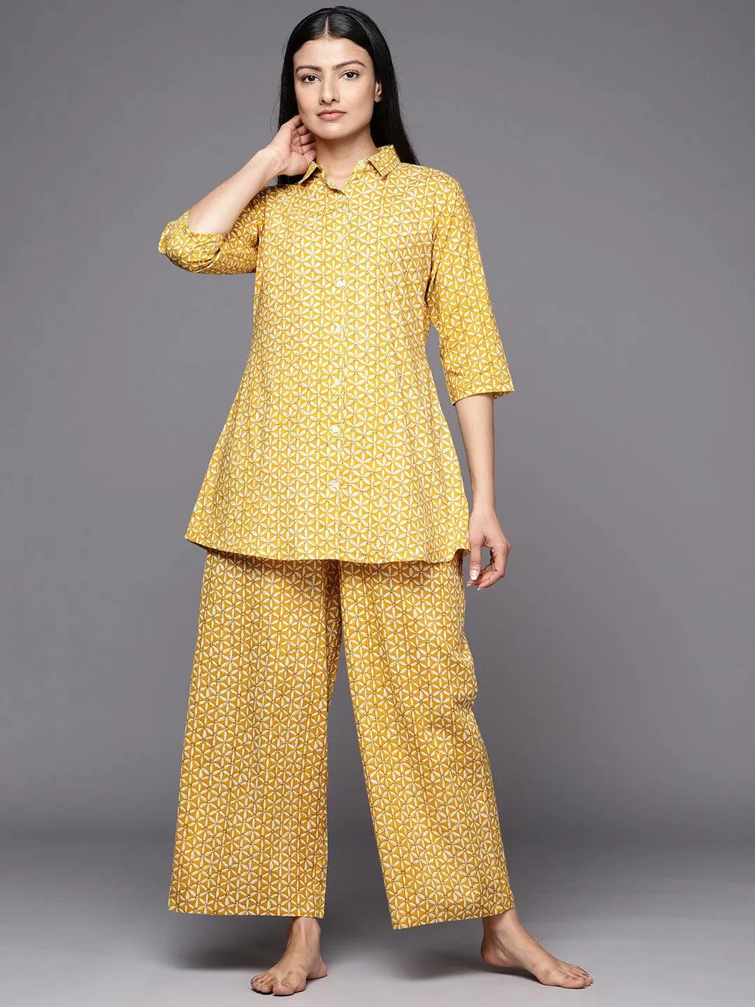 Mustard Printed Cotton Night Suit - Jashvi