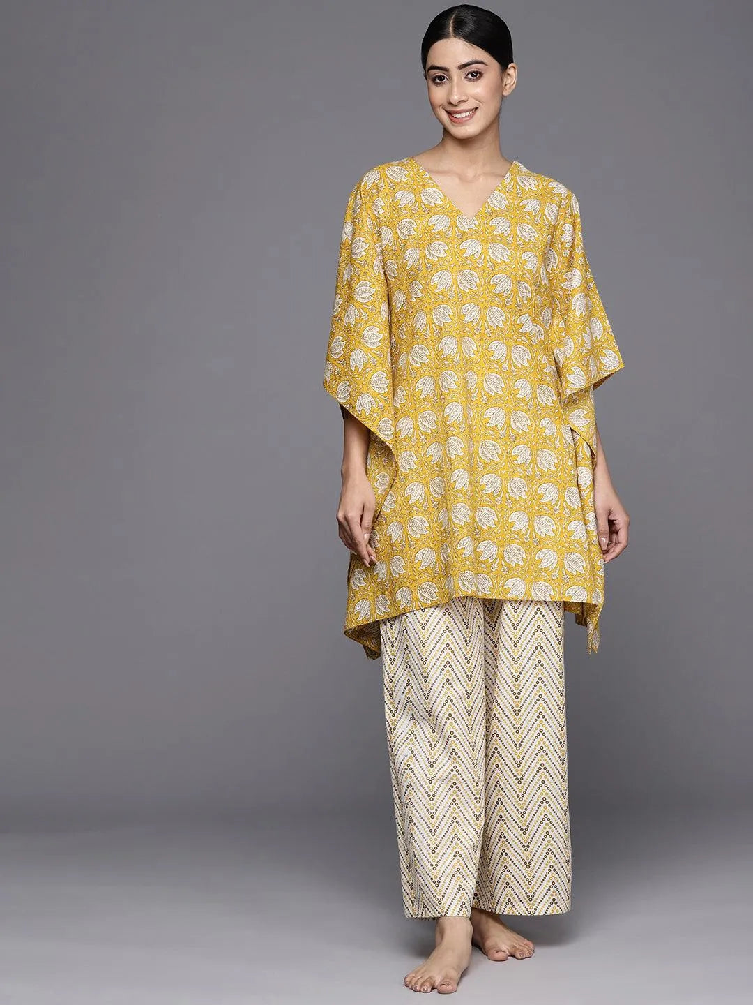 Mustard Printed Cotton Night Suit - Jashvi