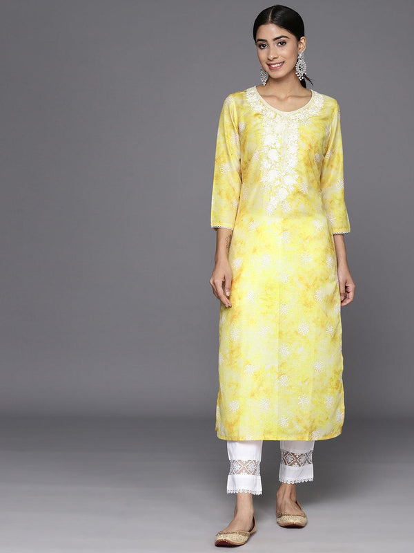 Mustard Printed Cotton Straight Kurta - Jashvi