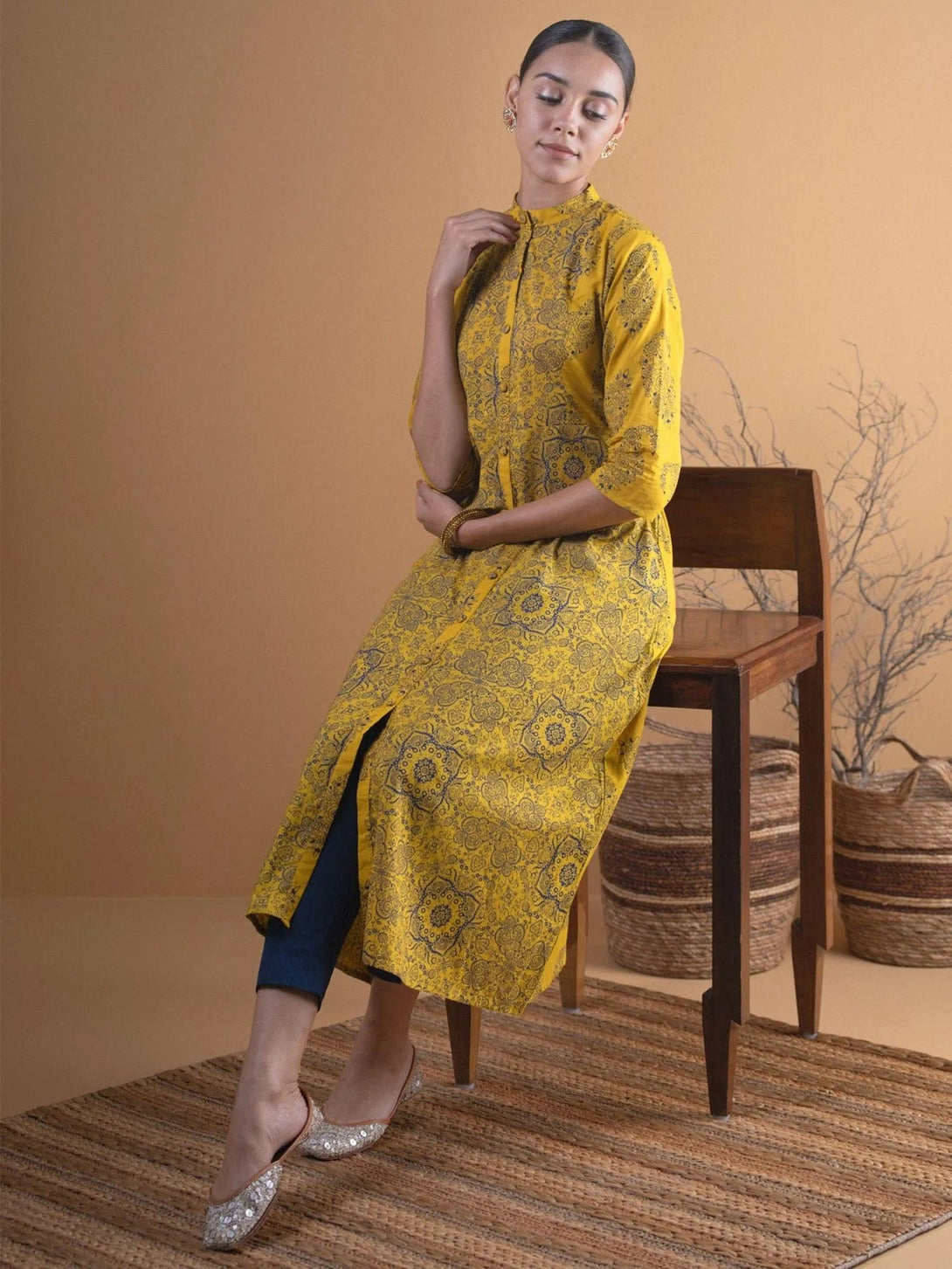 Mustard Printed Cotton Straight Kurta - Jashvi