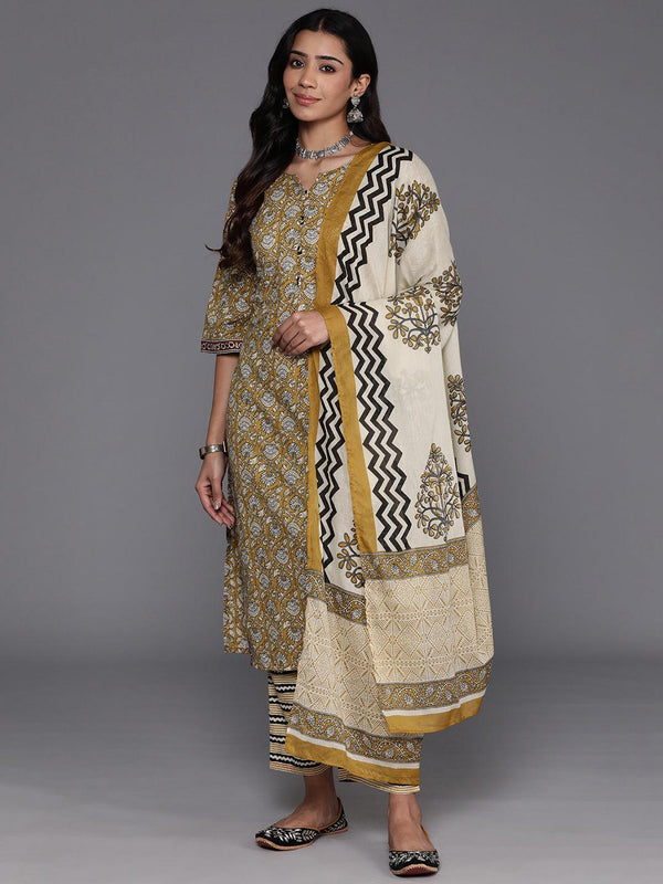 Mustard Printed Cotton Straight Kurta With Palazzos & Dupatta - Jashvi