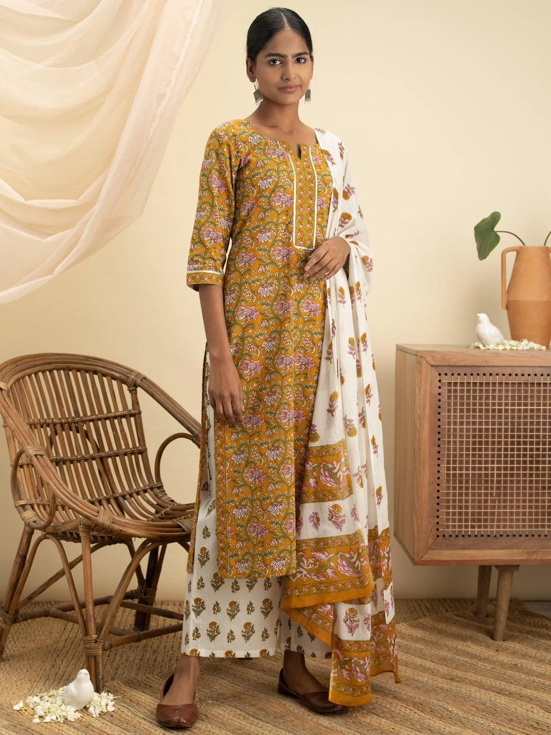 Mustard Printed Cotton Suit Set - Jashvi