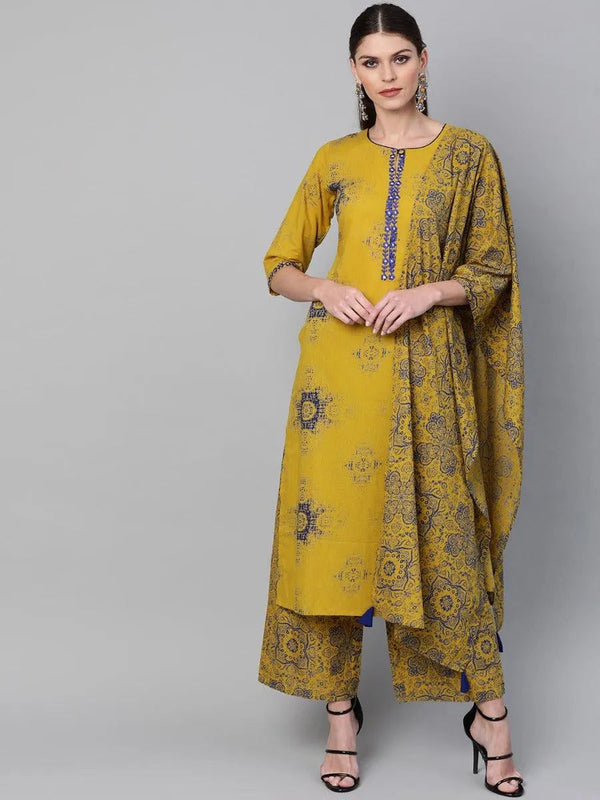 Mustard Printed Cotton Suit Set - Jashvi