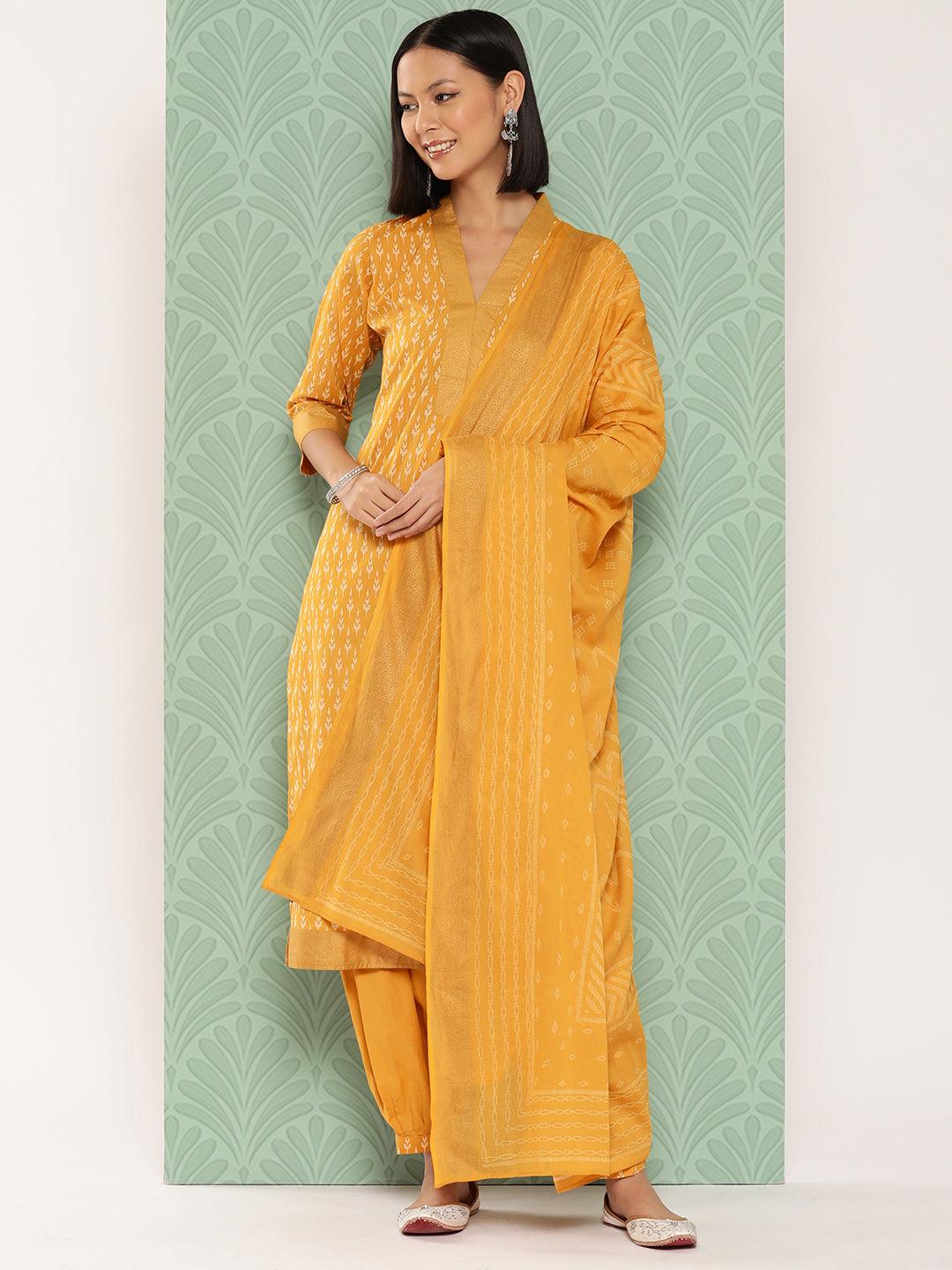 Mustard Printed Cotton Straight Kurta With Salwar & Dupatta - Jashvi