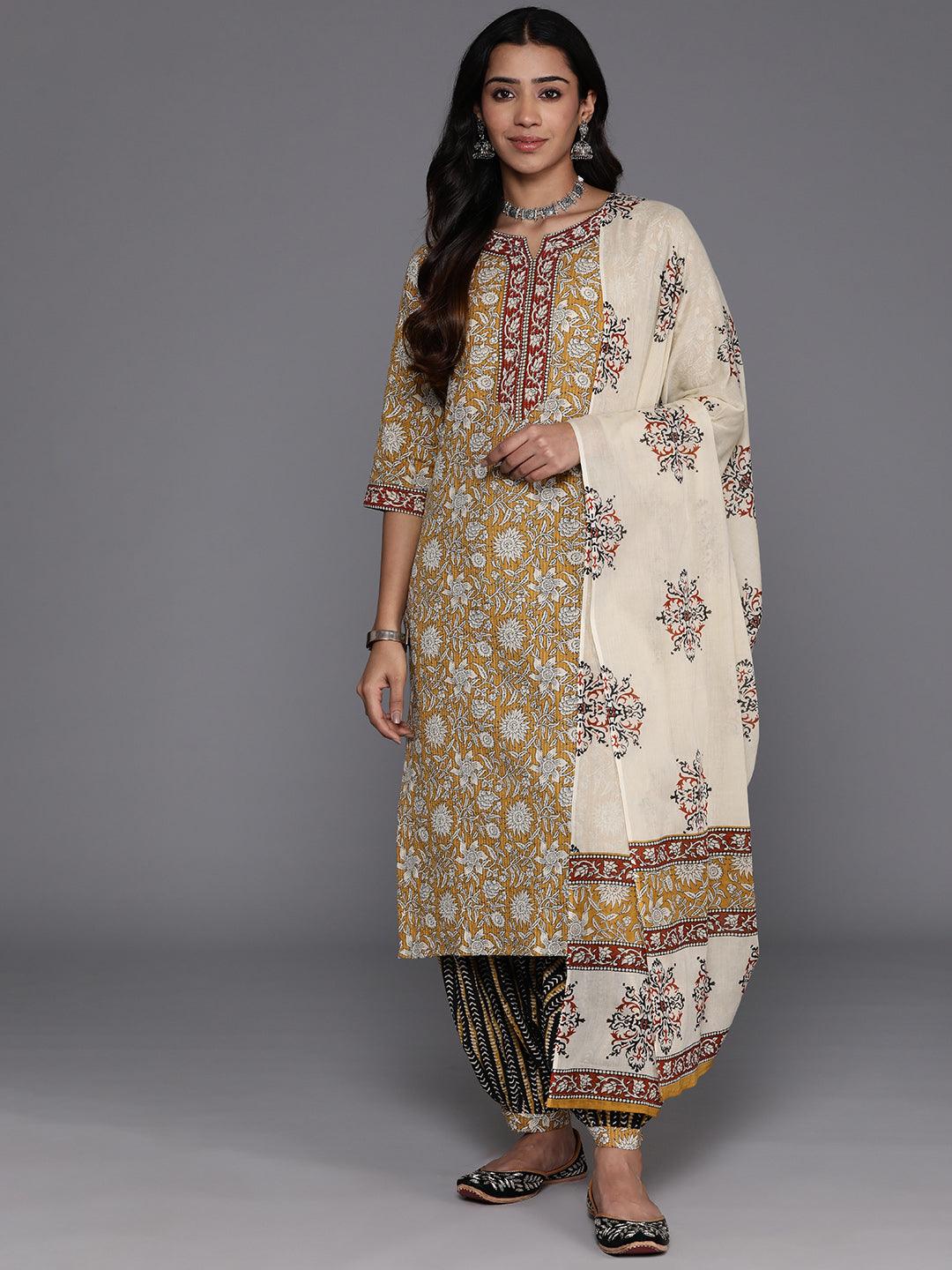 Mustard Printed Cotton Straight Kurta With Salwar & Dupatta - Jashvi