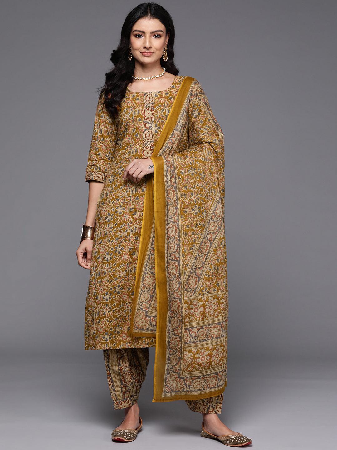 Mustard Printed Cotton Straight Kurta With Salwar & Dupatta - Jashvi