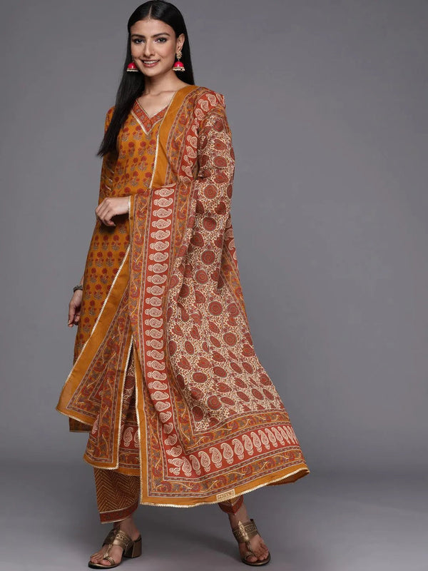 Mustard Printed Cotton Straight Suit Set - Jashvi