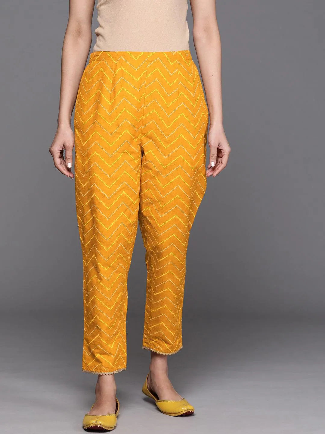 Mustard Printed Cotton Trousers - Jashvi