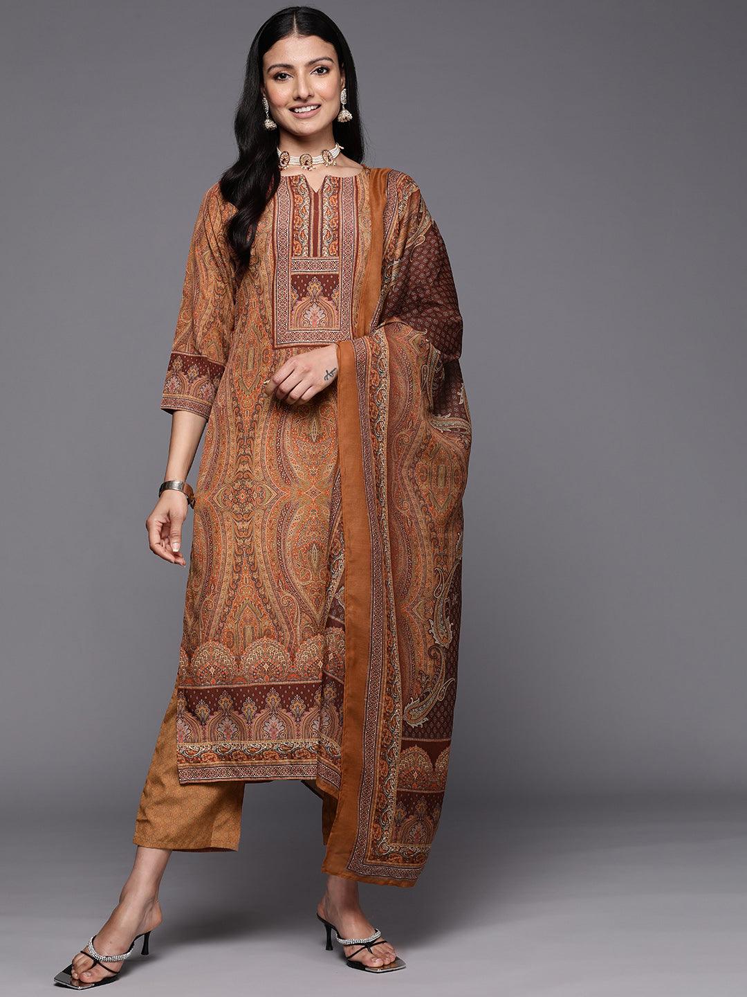 Mustard Printed Crepe Straight Suit Set With Trousers - Jashvi