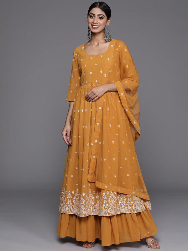 Mustard Printed Georgette A-Line Kurta With Palazzos & Dupatta - Jashvi