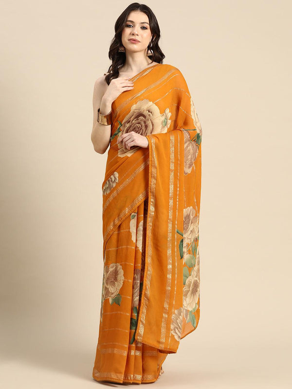 Mustard Printed Georgette Saree - Jashvi