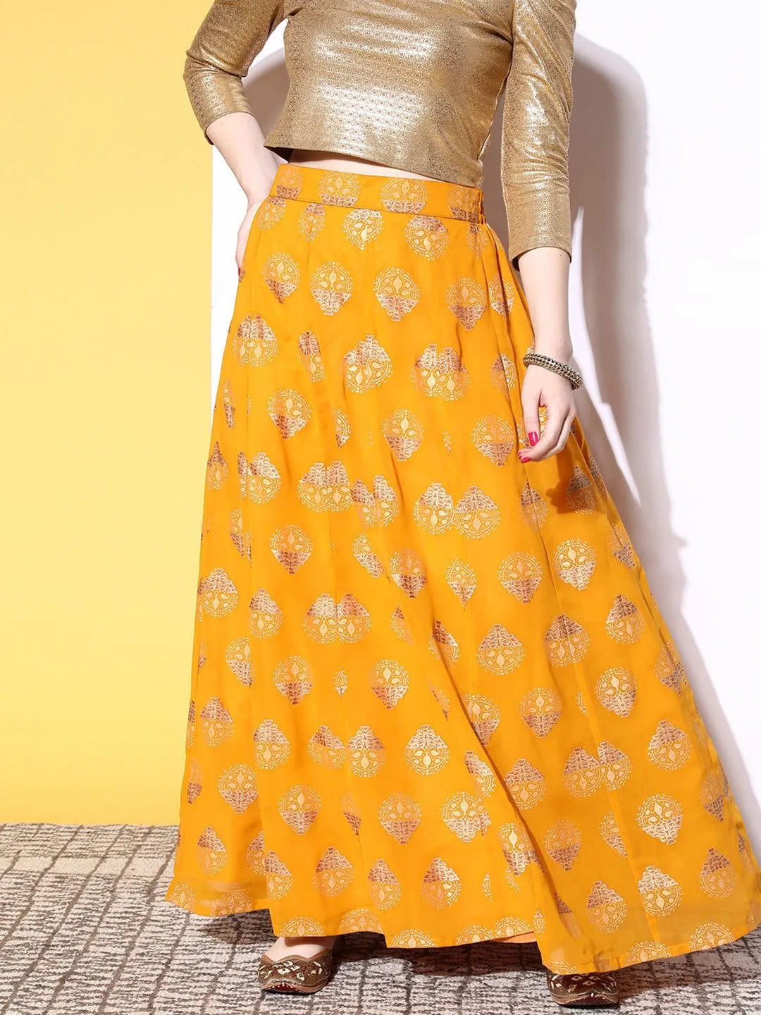 Mustard Printed Georgette Skirt - Jashvi