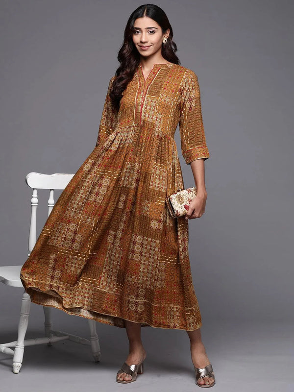 Mustard Printed Rayon Fit and Flare Dress - Jashvi