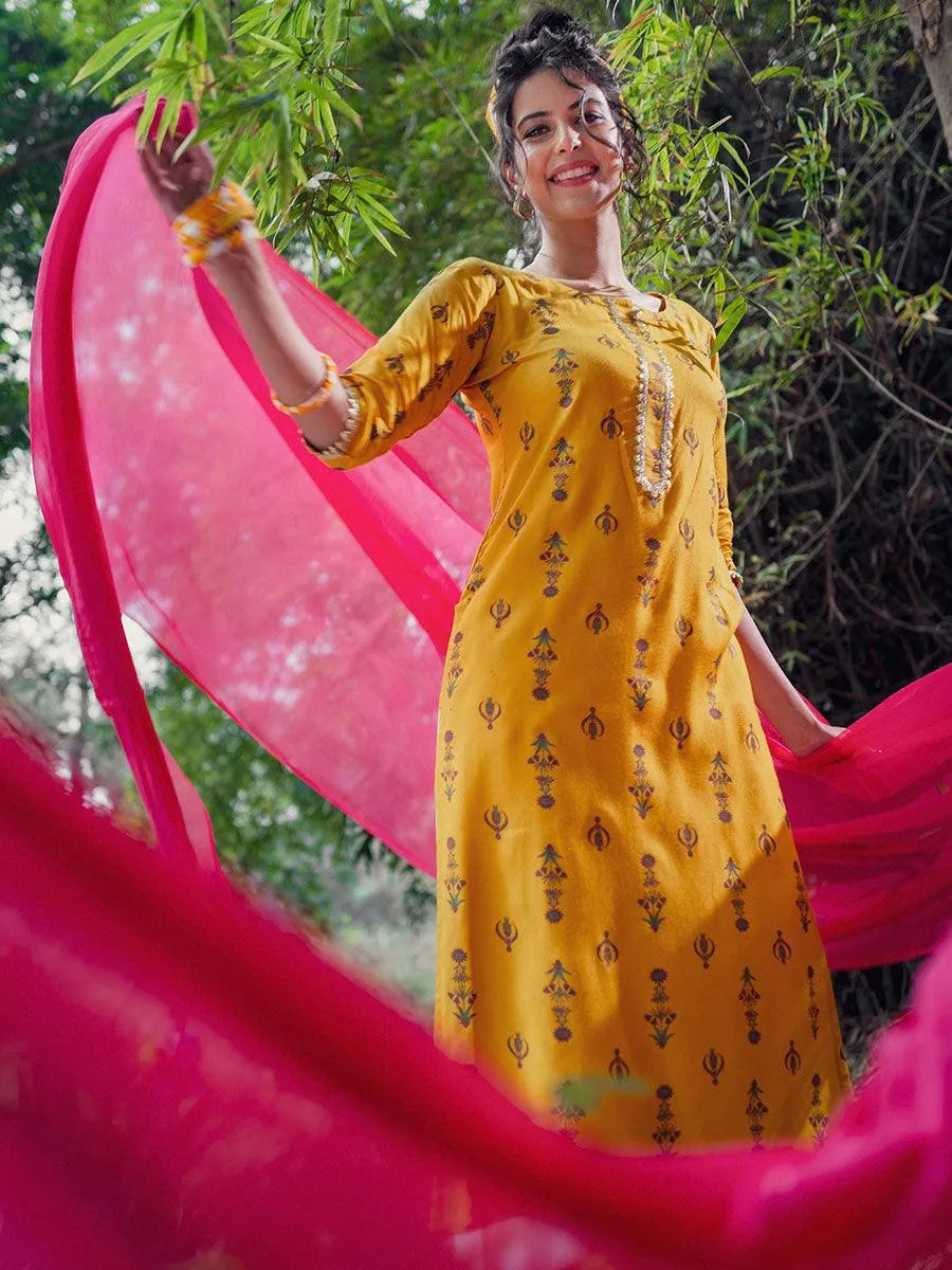 Mustard Printed Rayon Kurta - Jashvi