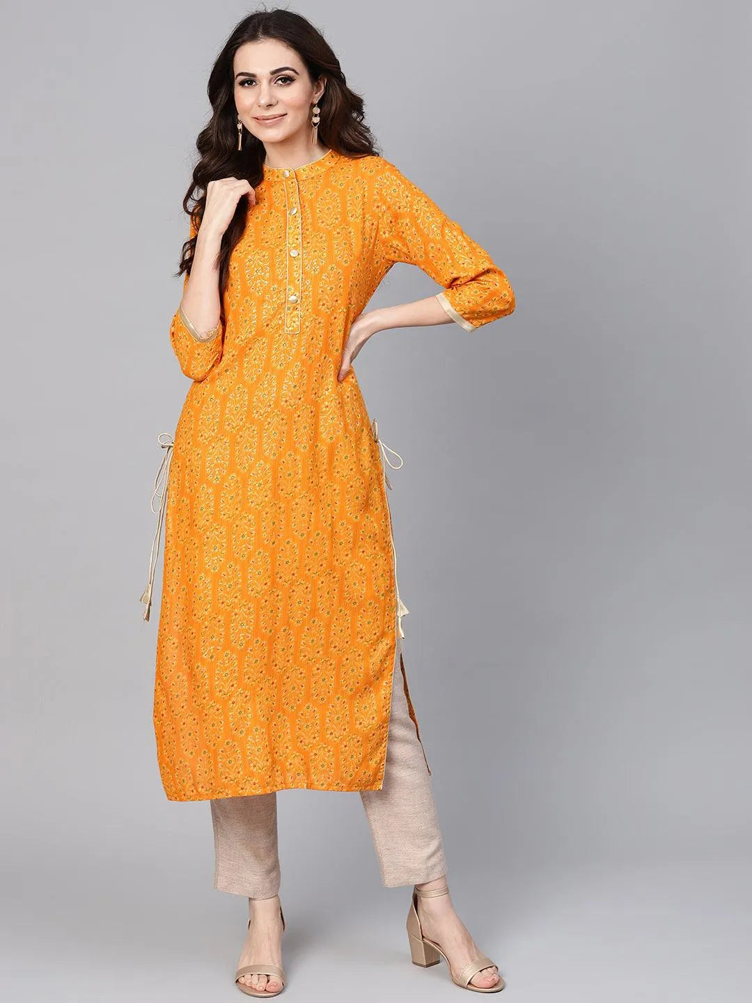 Mustard Printed Rayon Kurta - Jashvi