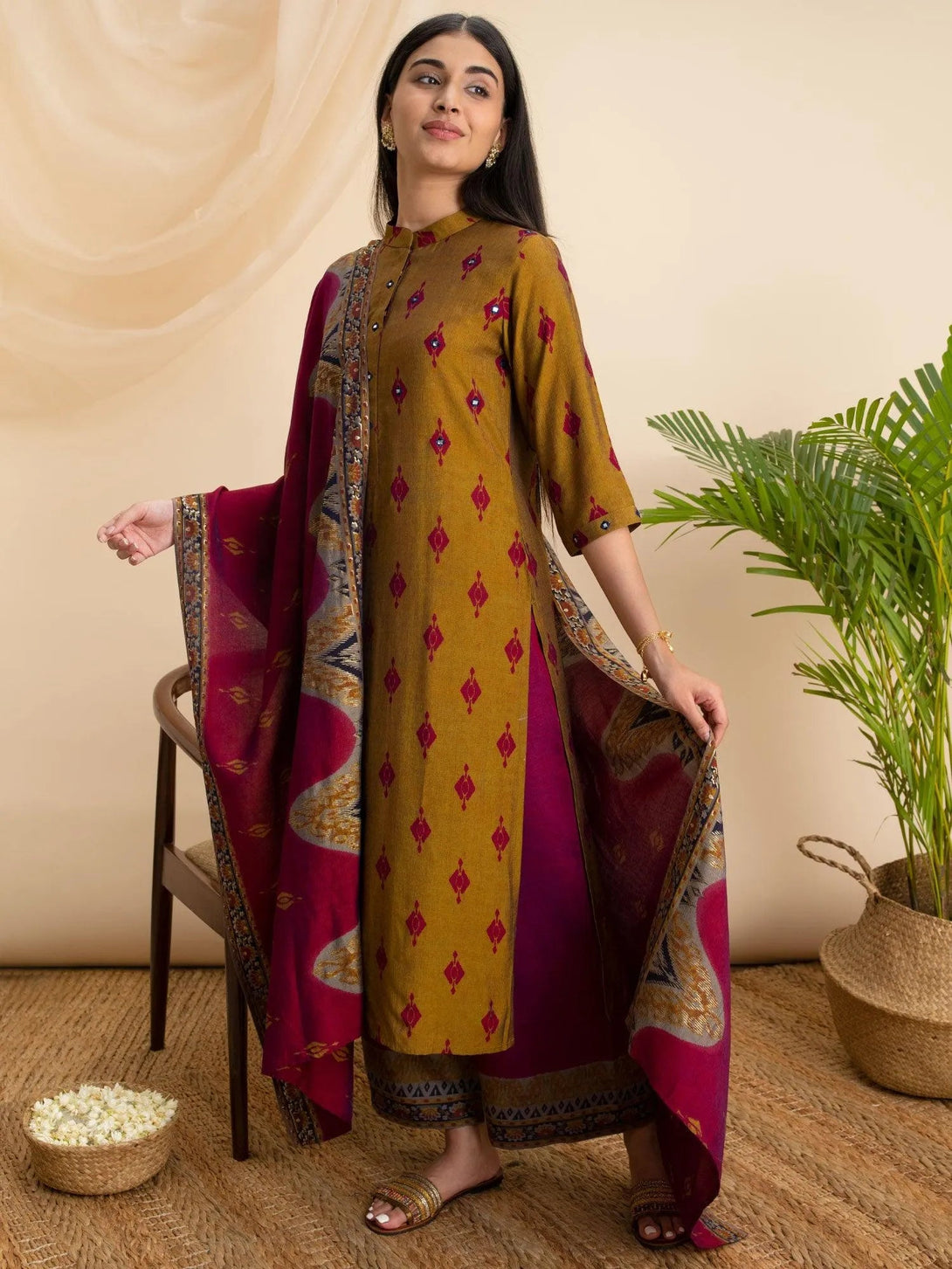 Mustard Printed Rayon Suit Set - Jashvi