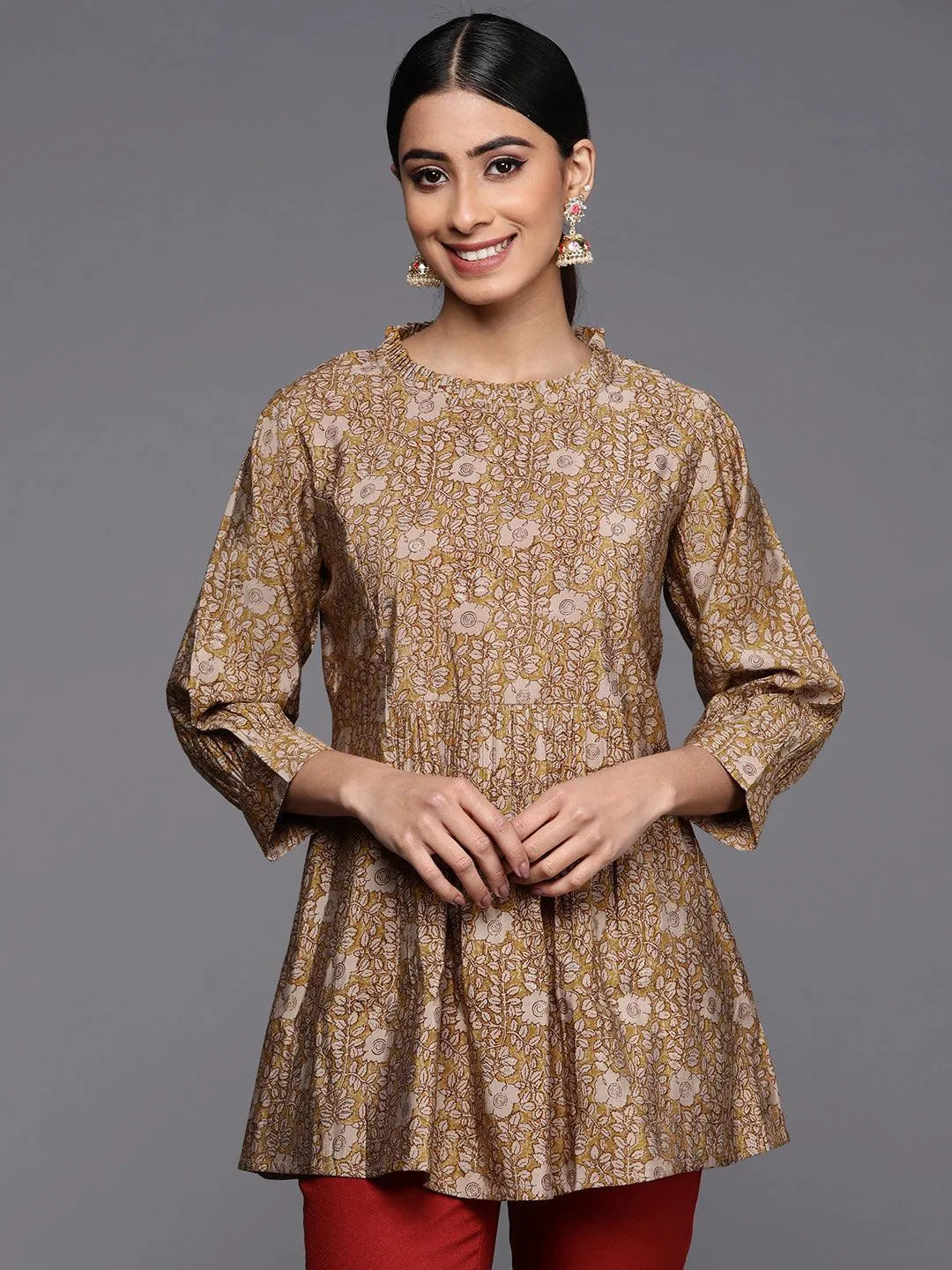 Mustard Printed Silk Blend A-Line Kurti - Jashvi