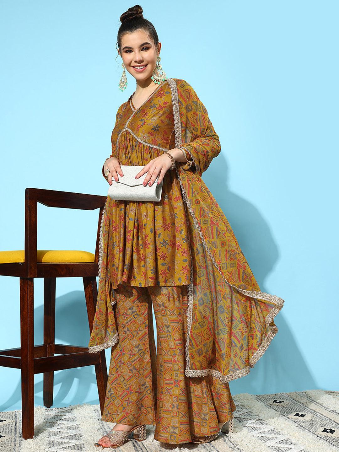 Mustard Printed Silk Blend A-Line Kurti With Sharara & Dupatta - Jashvi