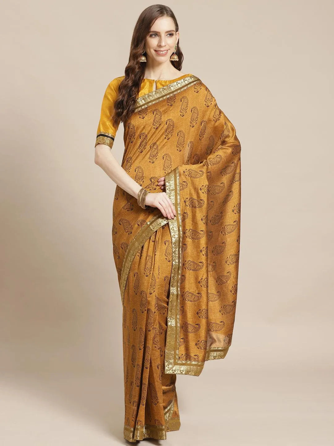 Mustard Printed Silk Blend Saree - Jashvi