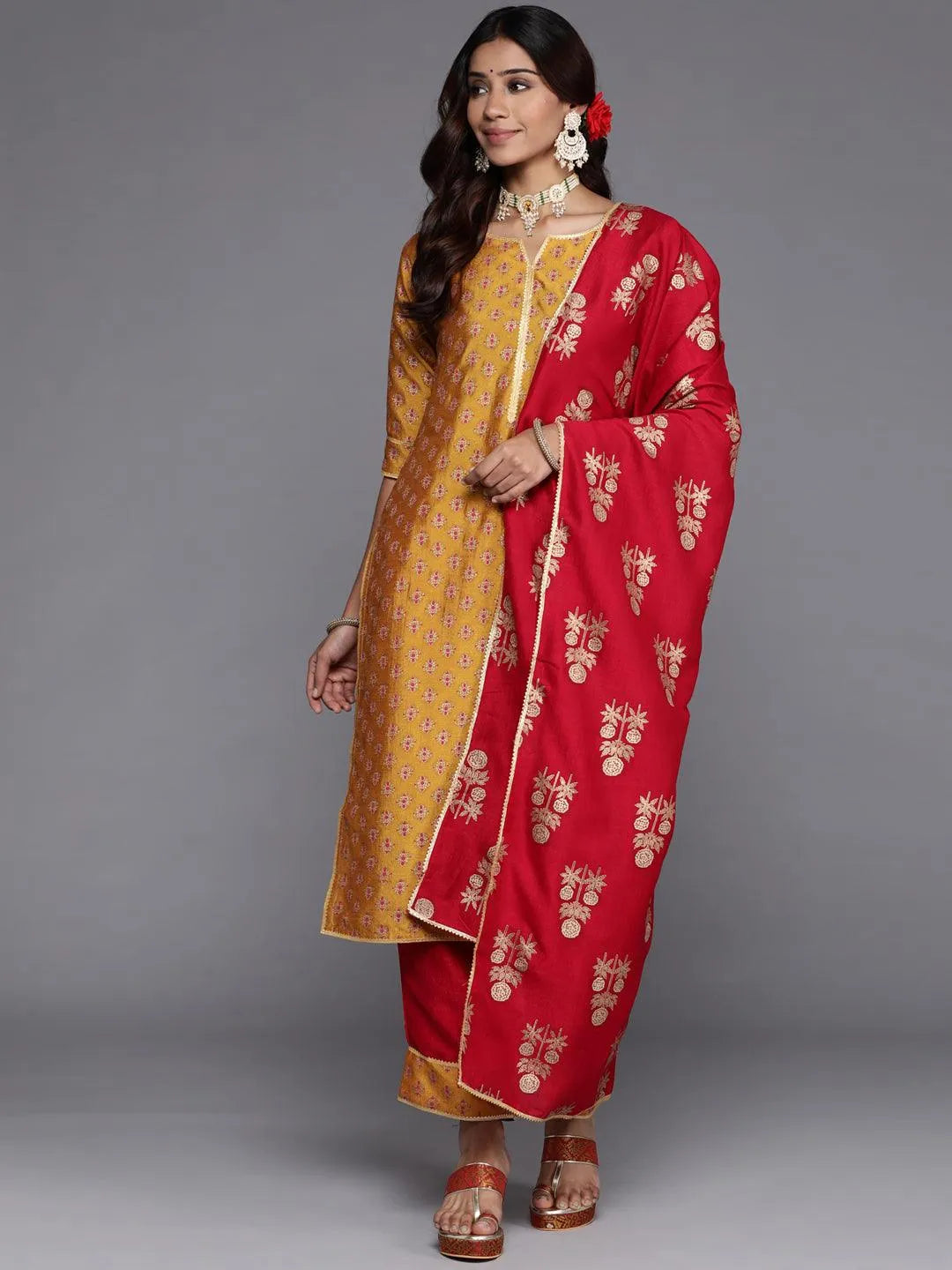 Mustard Printed Silk Blend Straight Suit Set With Trousers - Jashvi