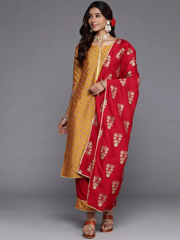 Mustard Printed Silk Blend Straight Suit Set With Trousers - Jashvi