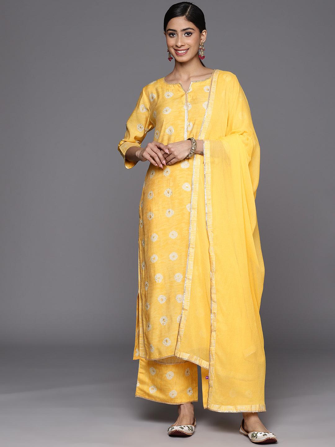 Mustard Printed Silk Blend Straight Suit Set With Palazzos - Jashvi