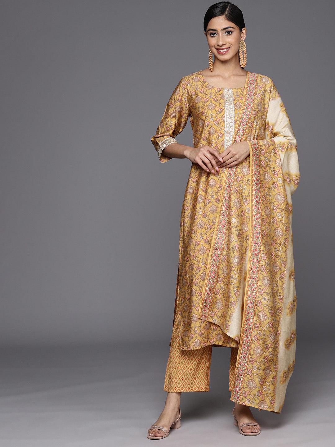 Mustard Printed Silk Blend Straight Suit Set With Trousers - Jashvi