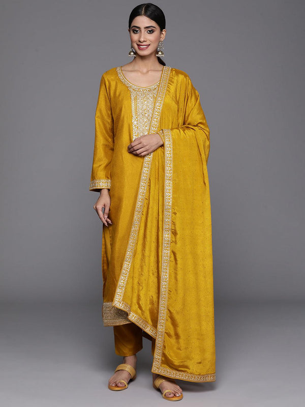 Mustard Printed Silk Blend Straight Kurta With Trousers & Dupatta - Jashvi