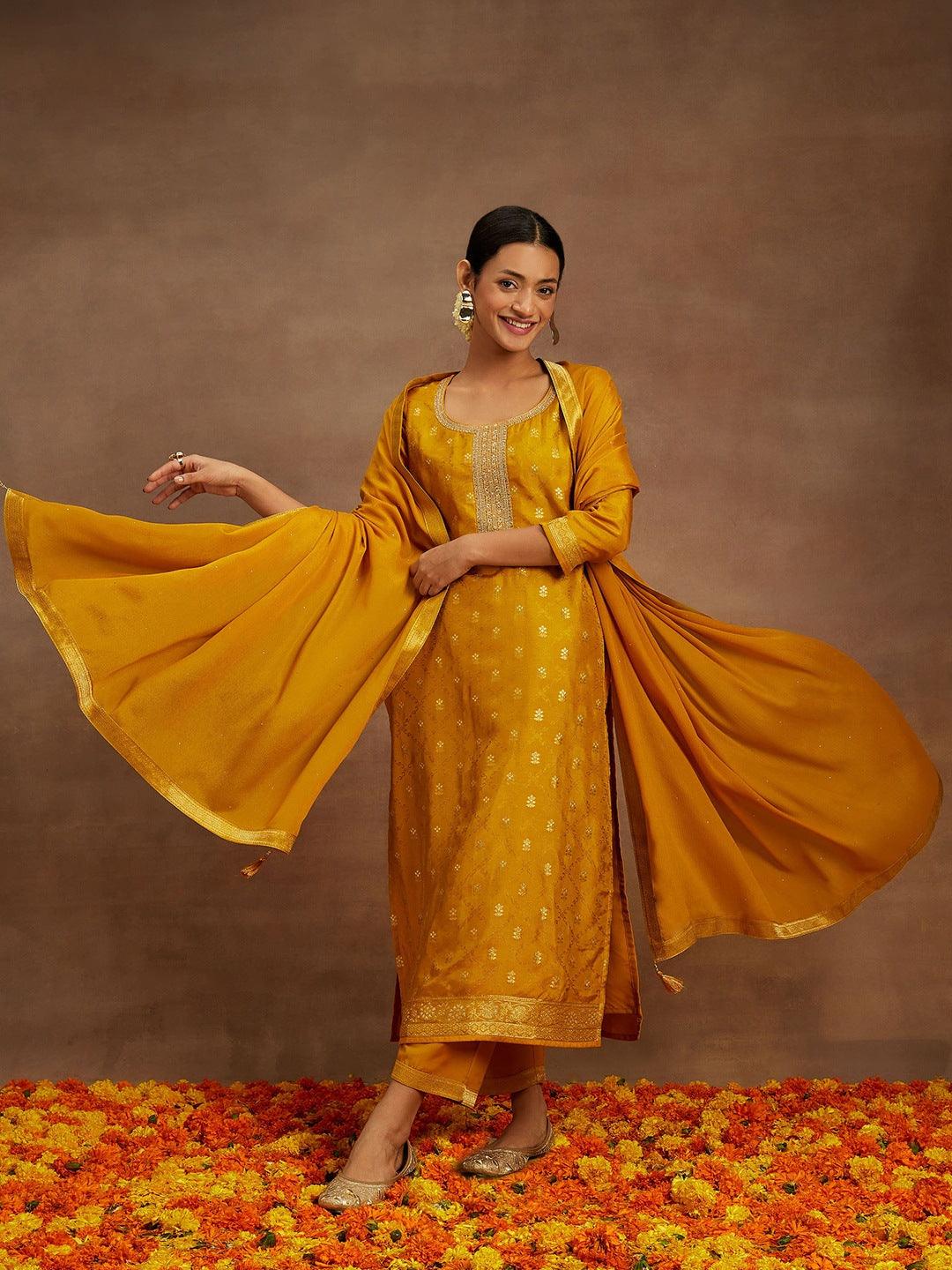 Mustard Printed Silk Blend Straight Kurta With Trousers & Dupatta - Jashvi