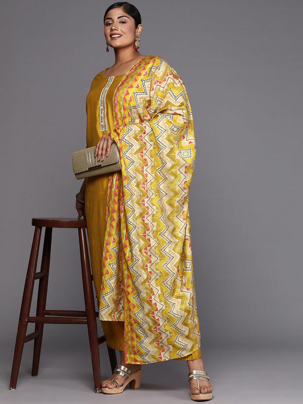 Mustard Printed Silk Blend Straight Kurta With Trousers & Dupatta - Jashvi