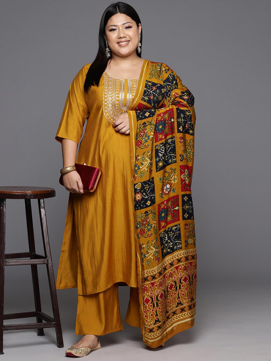 Mustard Printed Silk Blend Straight Kurta With Trousers & Dupatta - Jashvi