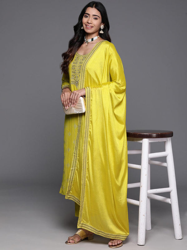 Mustard Printed Silk Blend Straight Kurta With Trousers & Dupatta - Jashvi