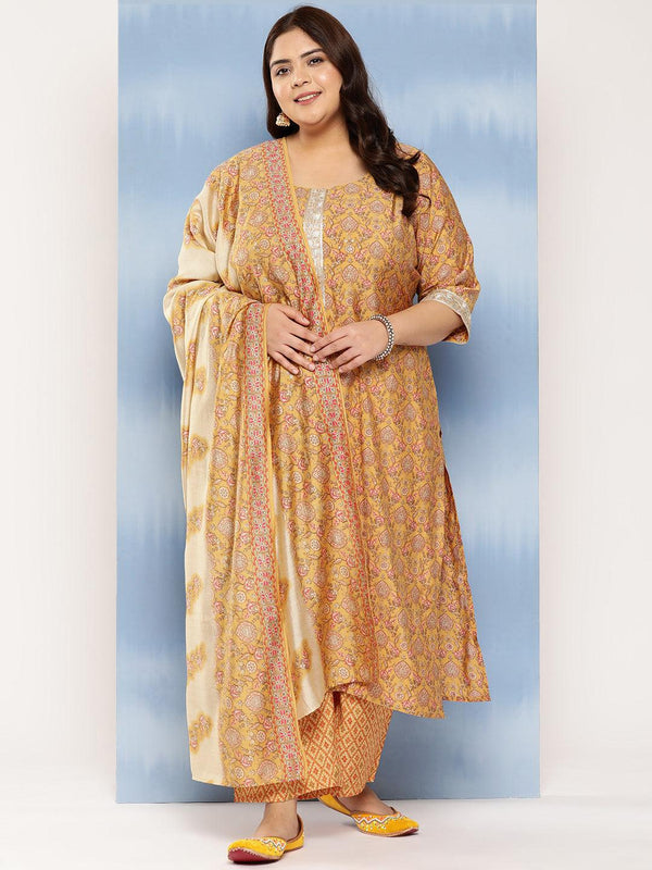 Mustard Printed Silk Blend Straight Kurta With Trousers and Dupatta - Jashvi